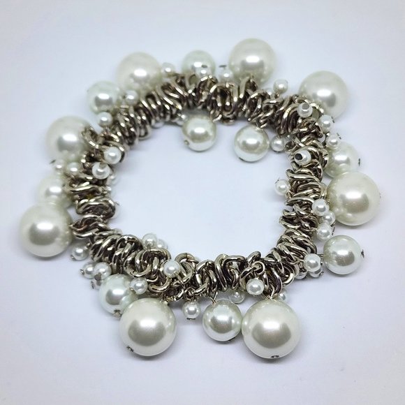 Vintage Woven Silver Chain Pearl Dangle Bead Bridal Dressy Stretch Bracelet - Picture 5 of 9